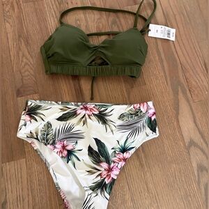 Shade & Shore Olive Green Bikini Set with White Tropical Lining